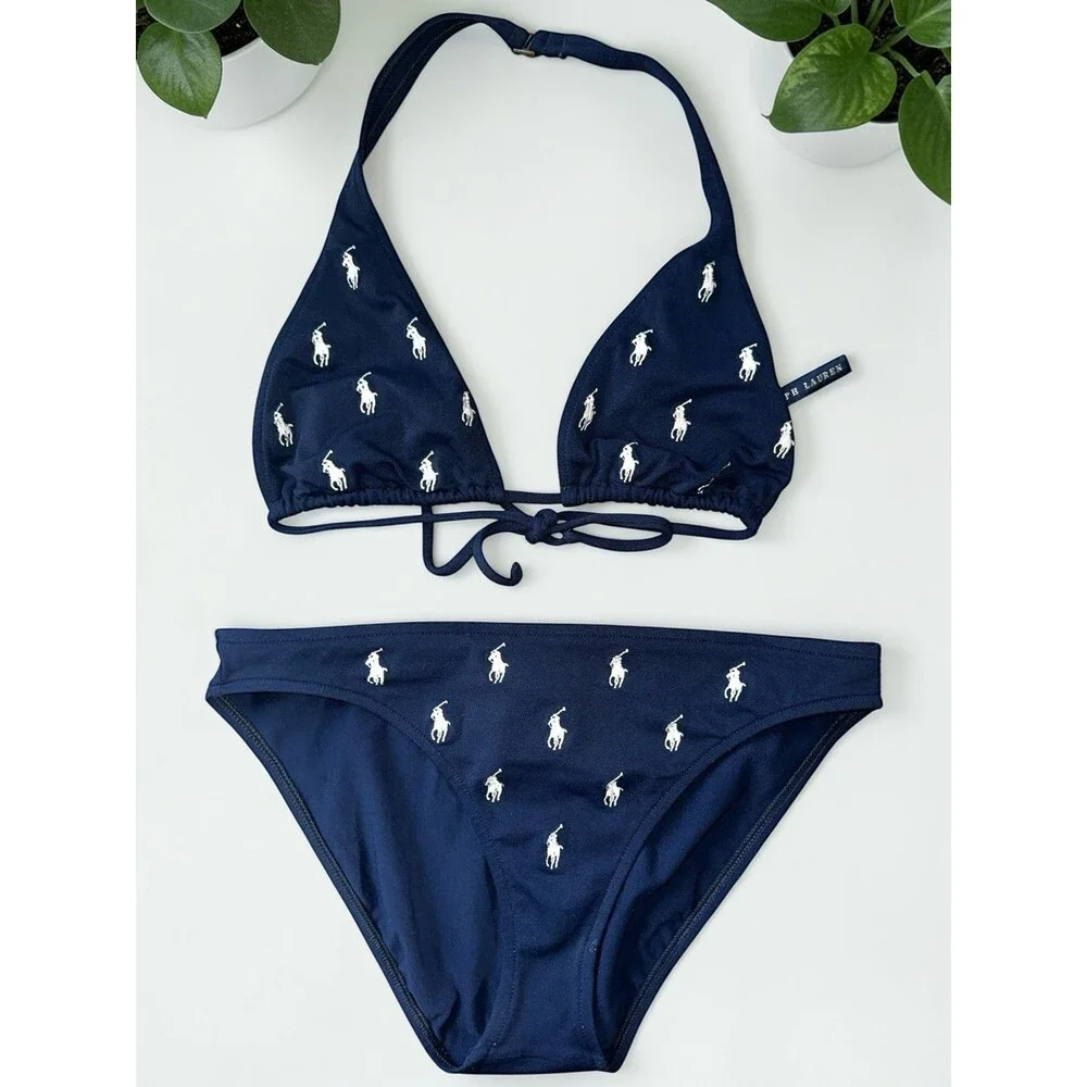 Vintage Polo Ralph Lauren Bikini Medium Navy Blue Embroidered White Pony 90s